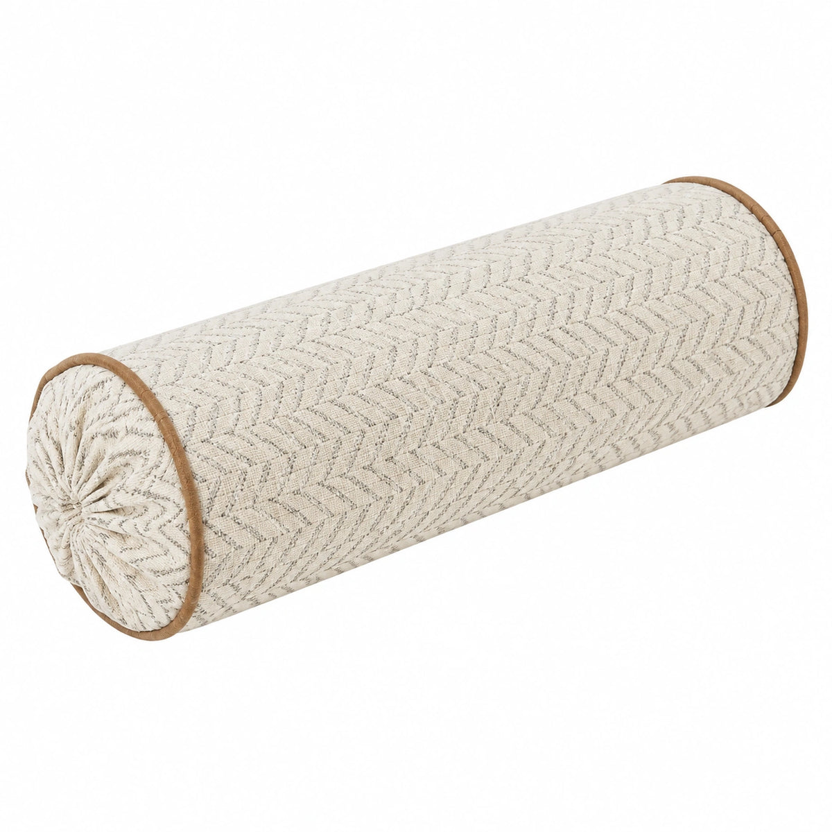 Cojín cilíndrico 50 x 20 cm de tejido beige con ribete marrón para apoyo decorativo