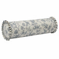 Cojín cilíndrico 20 x 50 cm de tela beige y azul con estampado floral y volantes decorativos