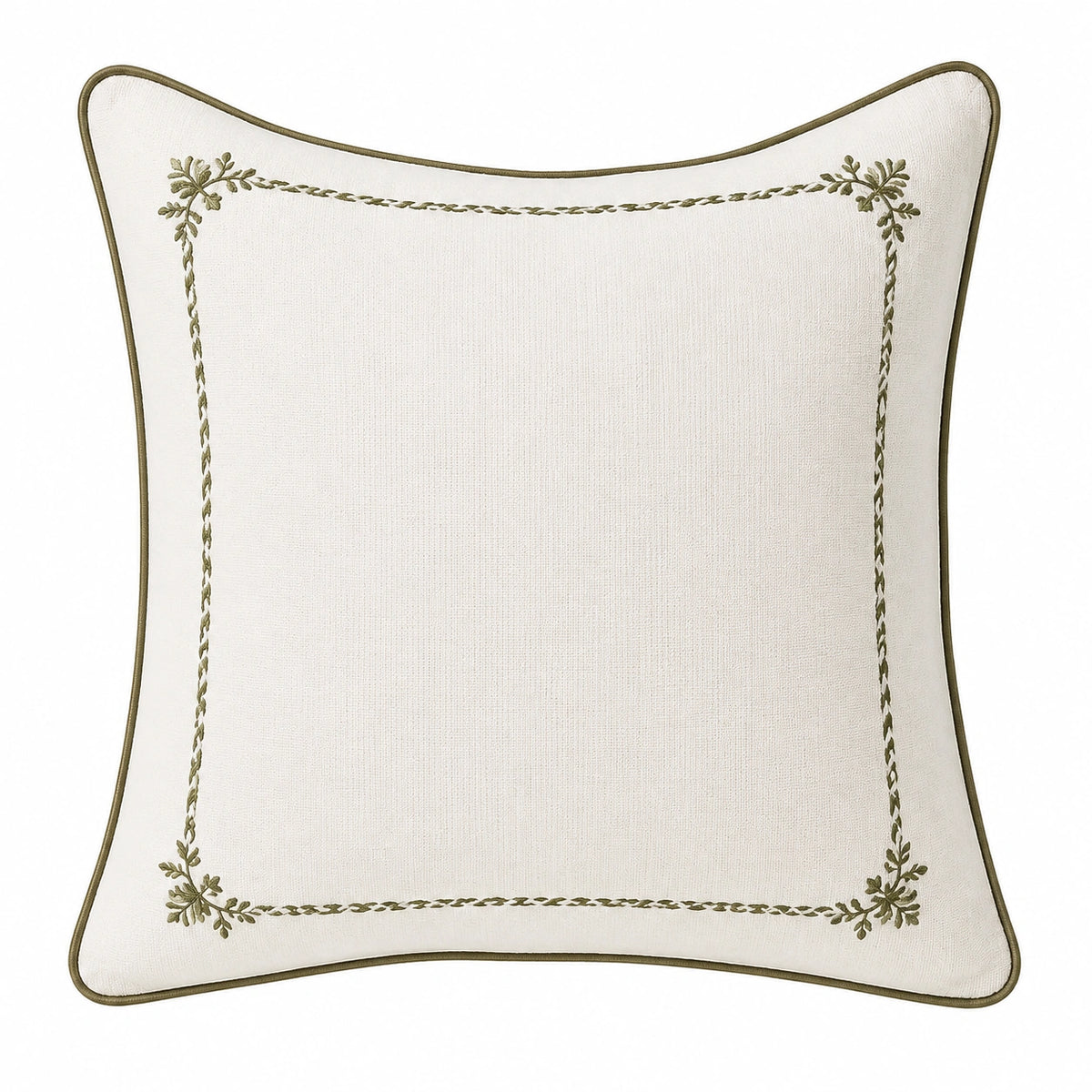 Cojín decorativo cuadrado 45 cm de tela beige con bordado verde estilo clásico