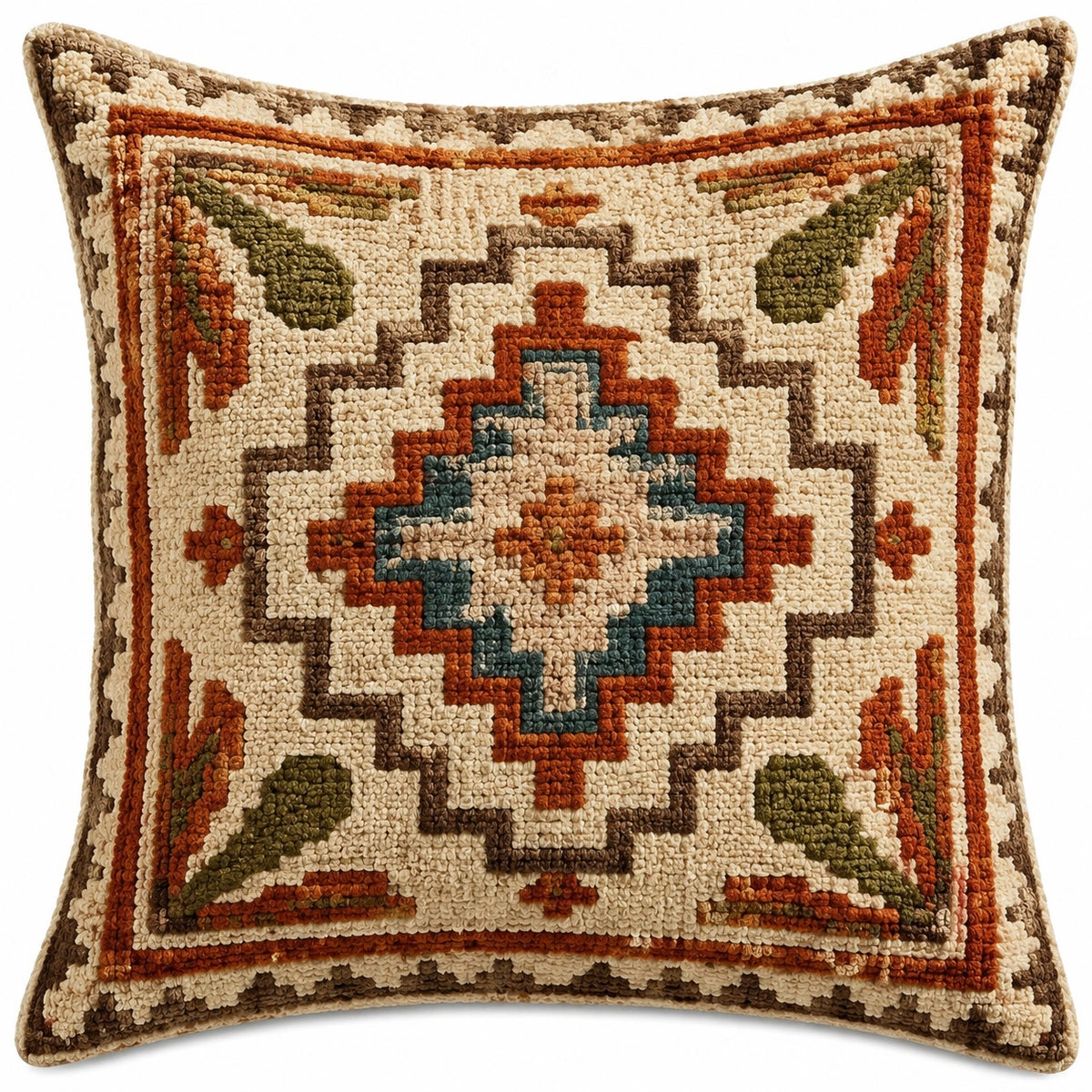 Cojín decorativo cuadrado 45 cm de tejido con relieve geométrico crema marrón y teja