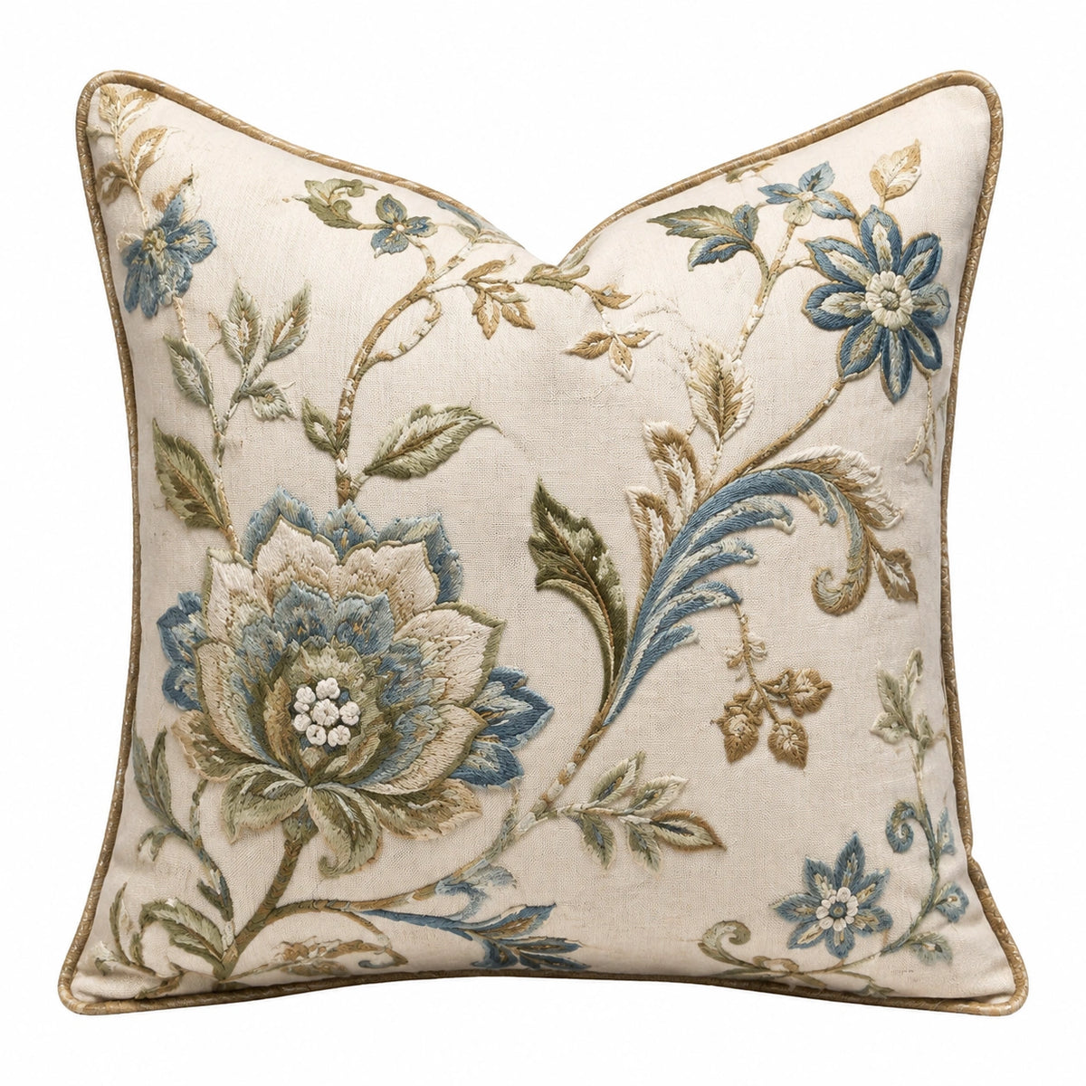 Cojín decorativo 45 cm cuadrado con bordado floral beige azul y verde