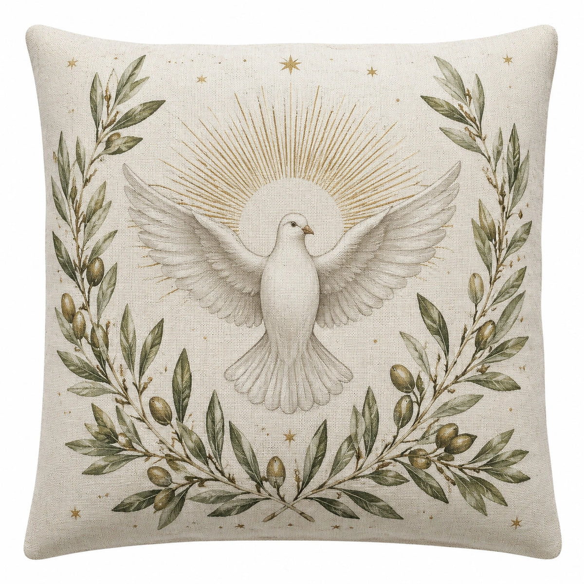 Cojín decorativo cuadrado 45 cm beige con paloma y ramas de olivo estilo botánico