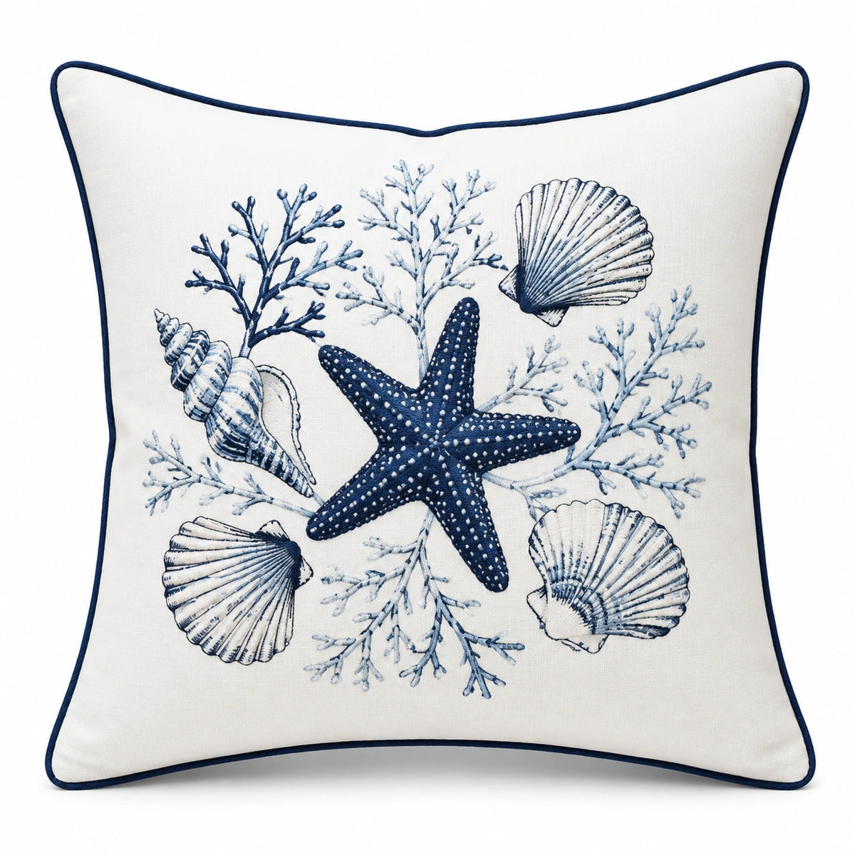 Cojín decorativo cuadrado 45 x 45 cm de tejido blanco y azul con motivo marino
