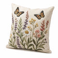 Cojín cuadrado 45 x 45 cm de tejido beige con bordado floral y mariposas estilo campestre