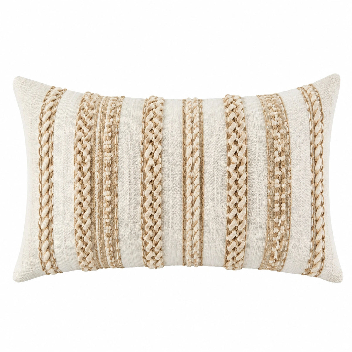 Cojín lumbar 50 x 30 cm de tejido beige con trenzas decorativas estilo bohemio