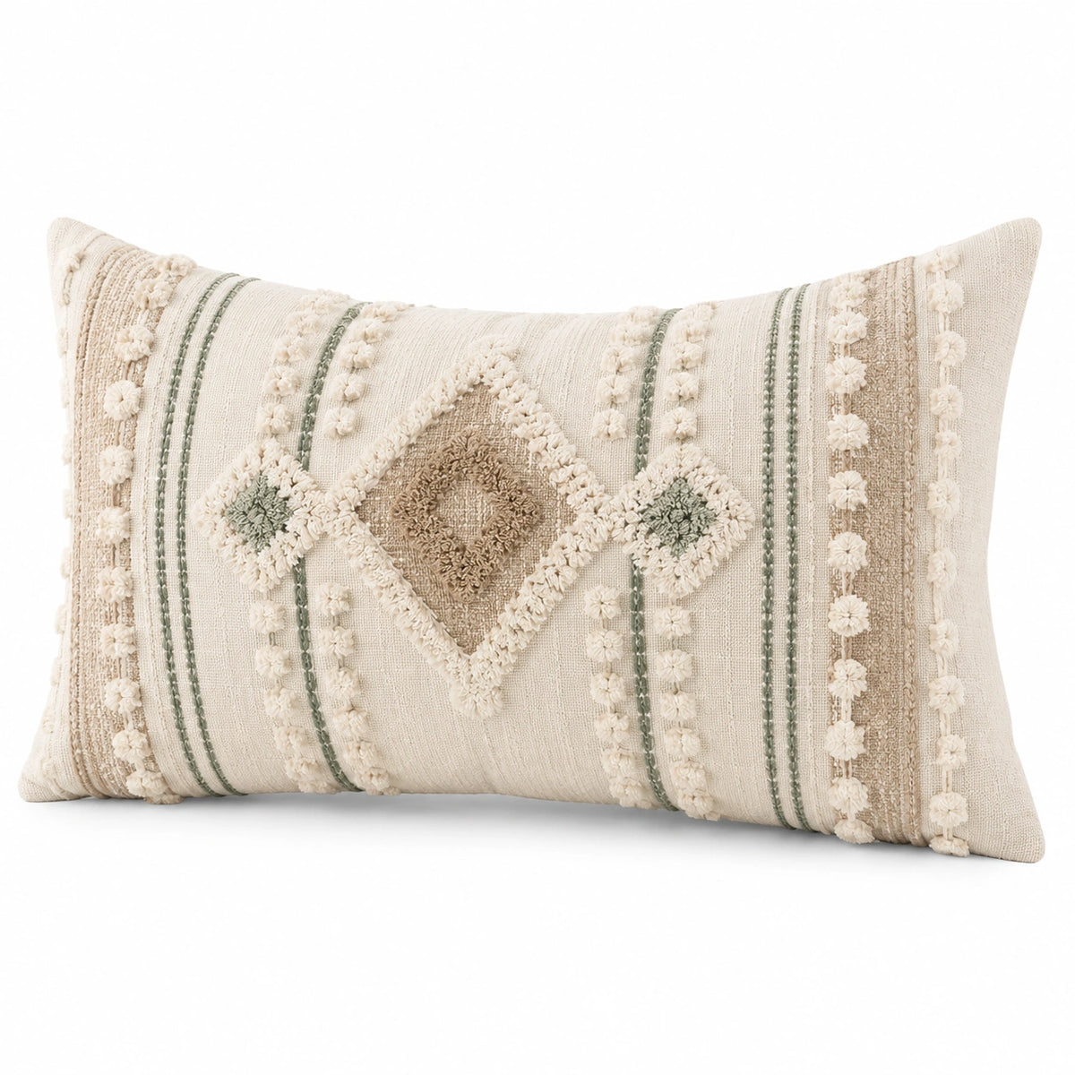 Cojín decorativo 50 x 30 cm de tejido beige y verde con relieve para salón estilo bohemio