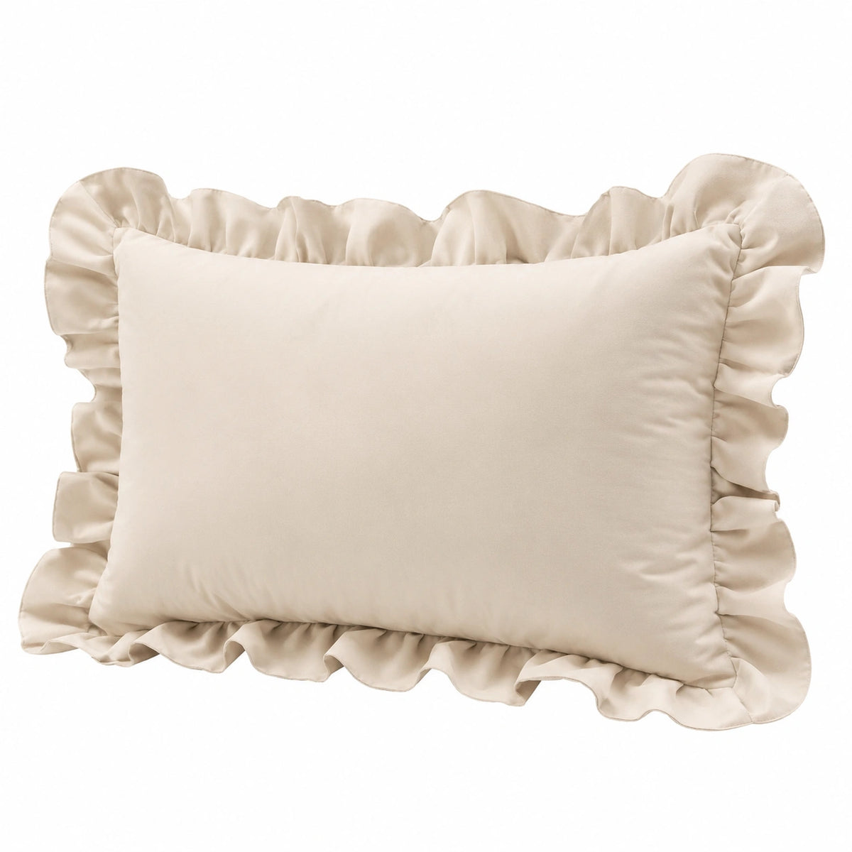 Cojín decorativo rectangular 50 x 30 cm beige con volante de tejido satinado