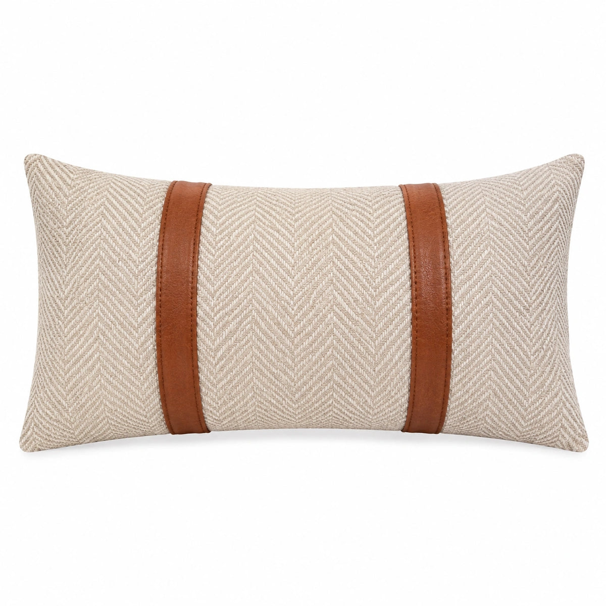 Cojín rectangular 50 x 30 cm de tejido beige y acabado tipo piel marrón para decoración