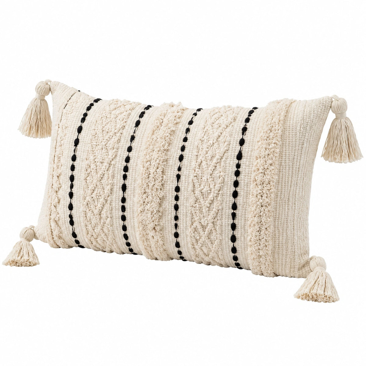 Cojín decorativo rectangular 50 x 30 cm de algodón beige y negro con flecos estilo bohemio