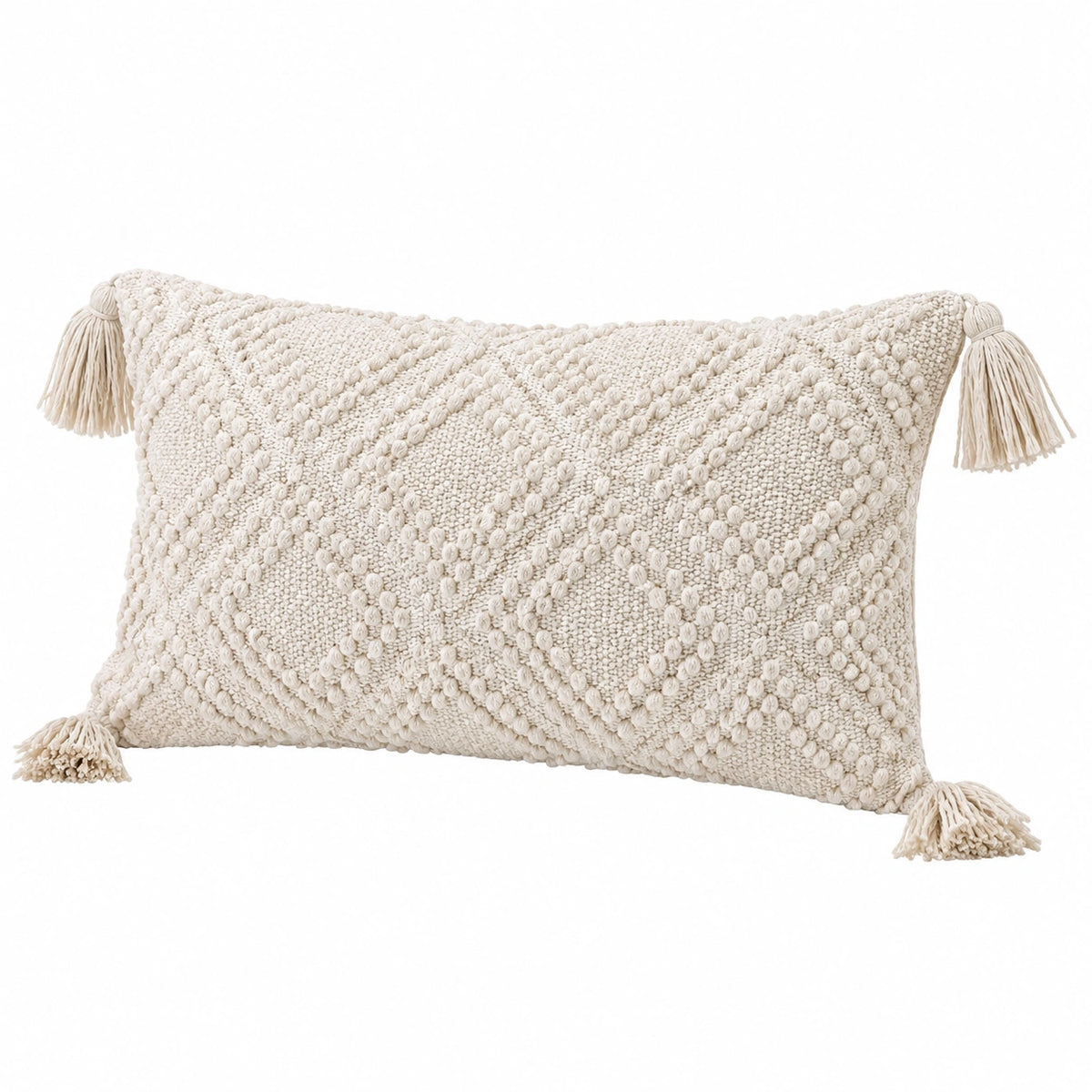 Cojín decorativo rectangular 50 x 30 cm de algodón beige con borlas estilo bohemio