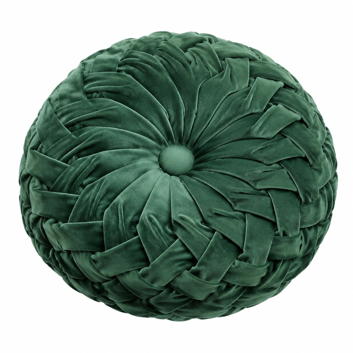 Cojín decorativo redondo de 40 cm en terciopelo verde con diseño trenzado