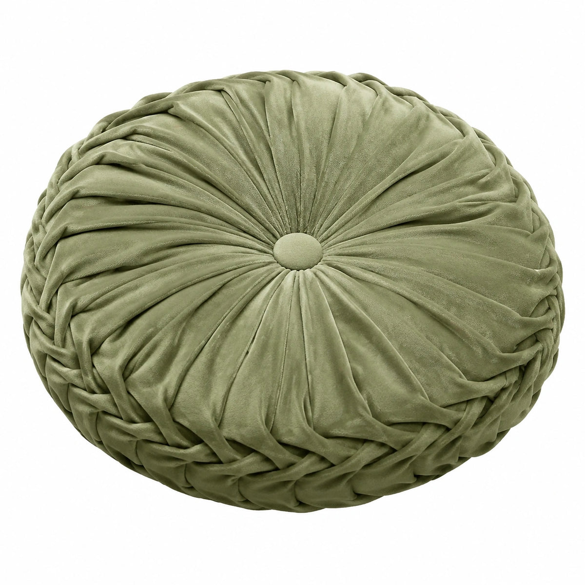 Cojín redondo 40 cm verde oliva de tejido aterciopelado con pliegues decorativos