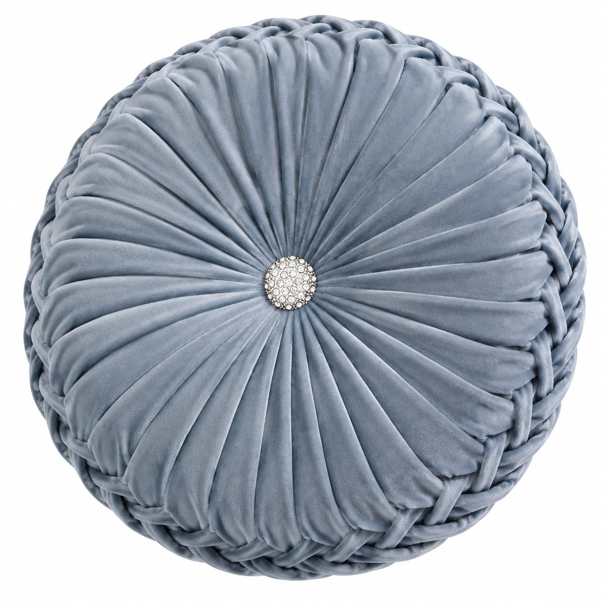 Cojín decorativo redondo 40 cm de tejido aterciopelado azul grisáceo con pliegues para sofá