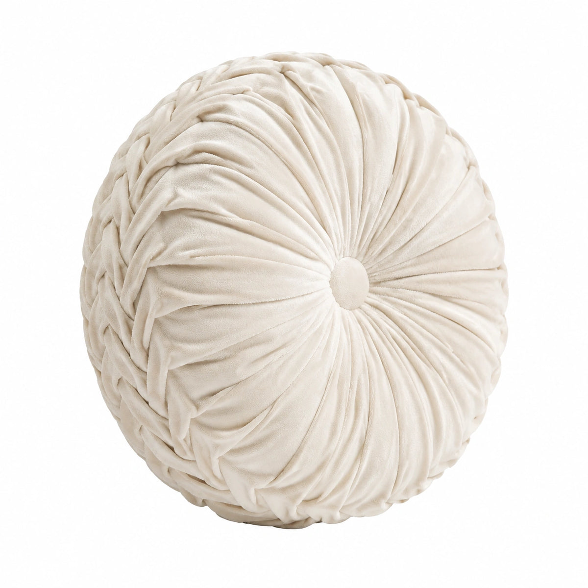 Cojín redondo de 40 cm de tela aterciopelada color crema con pliegues decorativos