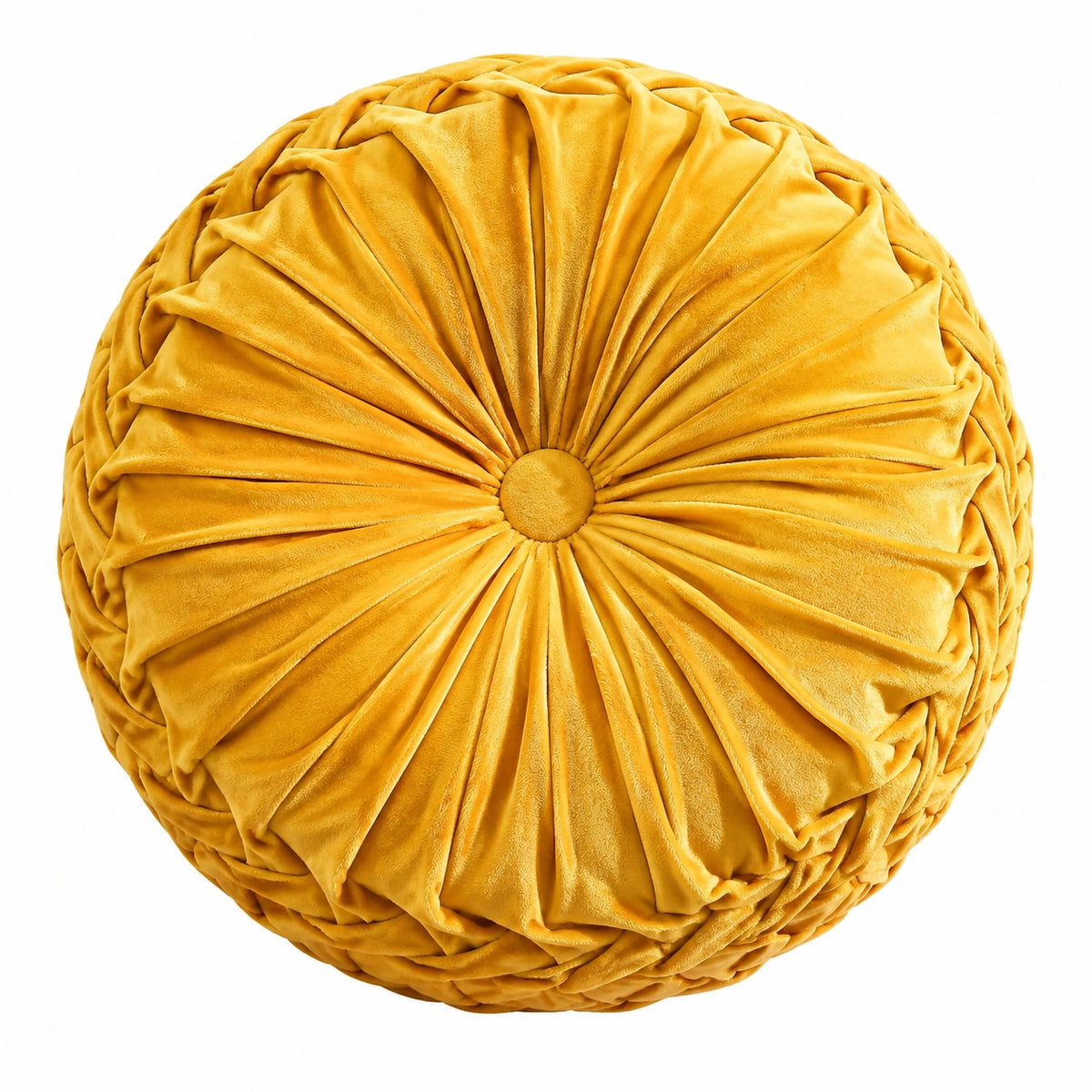 Cojín decorativo redondo de 40 cm en terciopelo amarillo con pliegues para sofá estilo clásico